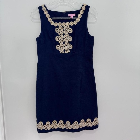 Lilly Pulitzer Dresses & Skirts - Lilly Pulitzer Women's 4 Adelson Shift Navy Blue Gold Jacquard Shift Dress